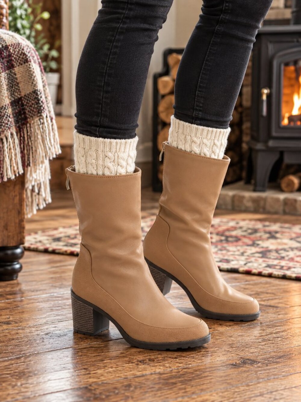 ZBY | Tan Mid-Calf Block Heel Boots Size 9